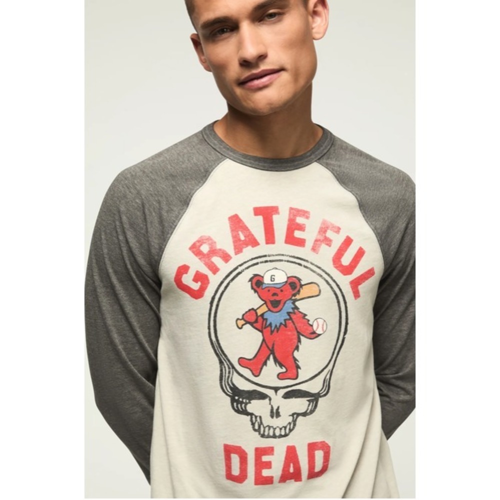 Lucky Brand Grateful Dead Men's XL Gray Bear Baseball Raglan 3/4 Tee NWT Burnout